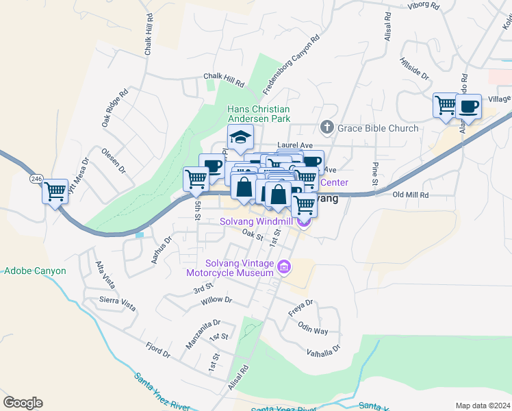 map of restaurants, bars, coffee shops, grocery stores, and more near 1608 Copenhagen Drive in Solvang