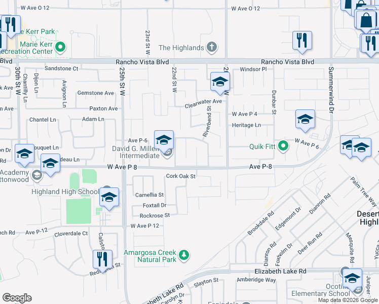 map of restaurants, bars, coffee shops, grocery stores, and more near 39254 Buckskin Court in Palmdale