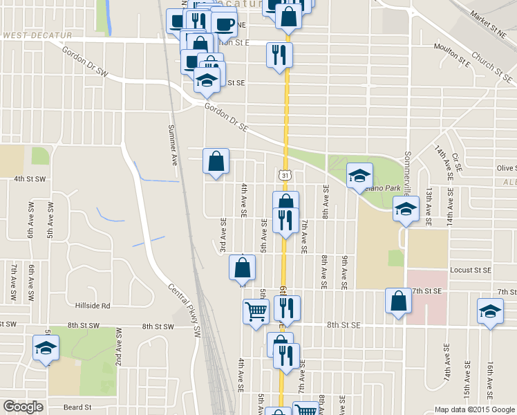 map of restaurants, bars, coffee shops, grocery stores, and more near 817 5th Avenue Southeast in Decatur