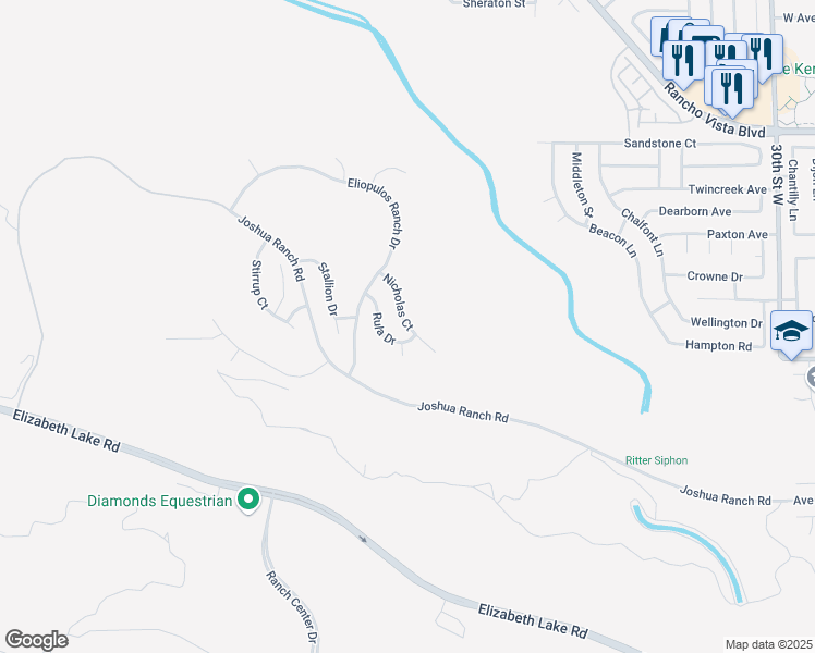 map of restaurants, bars, coffee shops, grocery stores, and more near 39630 Nicholas Court in Palmdale