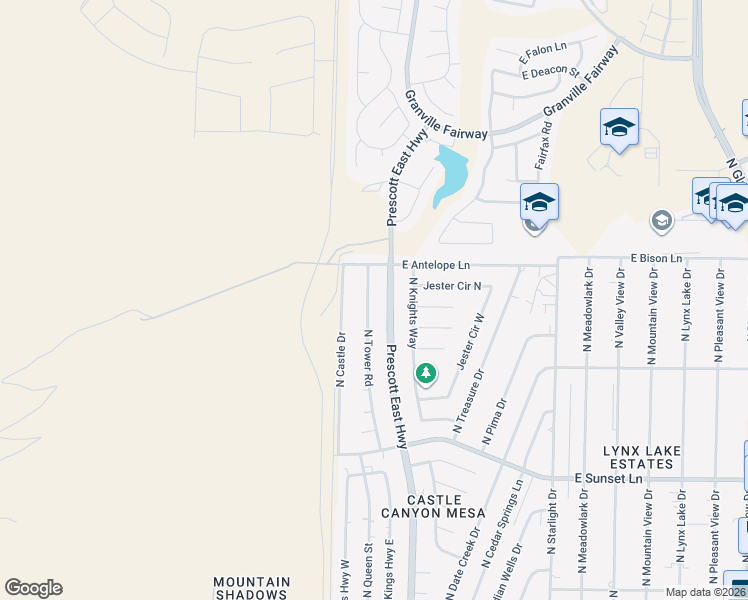map of restaurants, bars, coffee shops, grocery stores, and more near 3676 North Tower Road in Prescott Valley