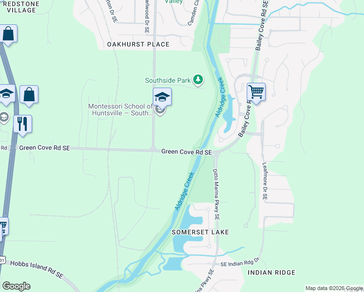 map of restaurants, bars, coffee shops, grocery stores, and more near 625 Green Cove Road Southeast in Huntsville