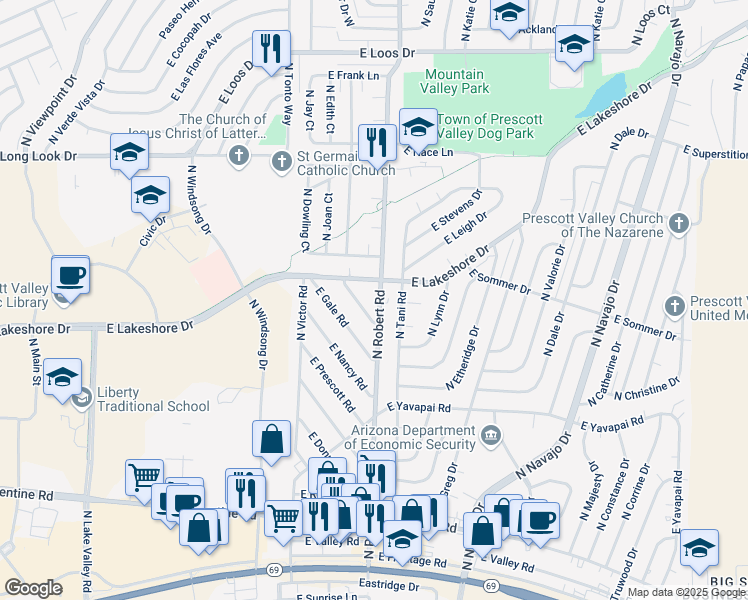 map of restaurants, bars, coffee shops, grocery stores, and more near 3630 North Robert Road in Prescott Valley