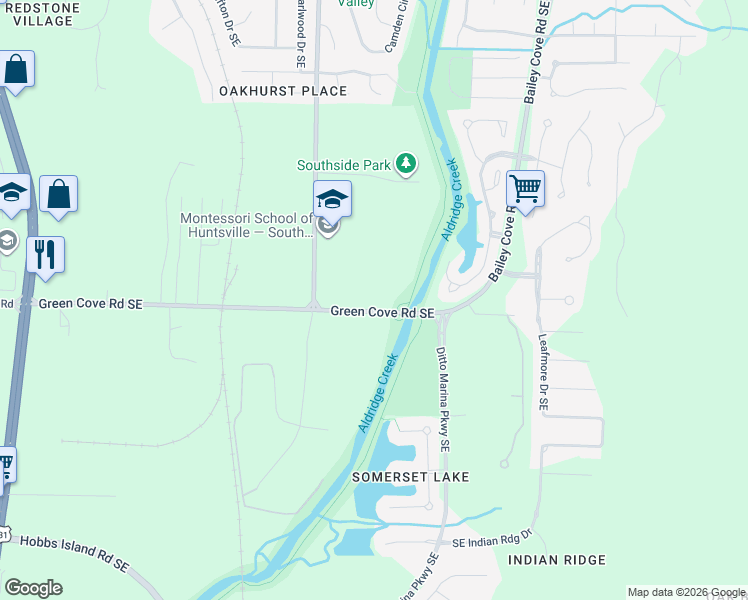 map of restaurants, bars, coffee shops, grocery stores, and more near 625 Green Cove Road Southeast in Huntsville