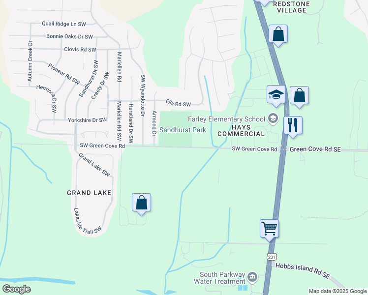 map of restaurants, bars, coffee shops, grocery stores, and more near 2864 Green Cove Road Southwest in Huntsville