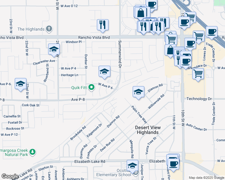 map of restaurants, bars, coffee shops, grocery stores, and more near 1535 Avenue P-6 in Palmdale