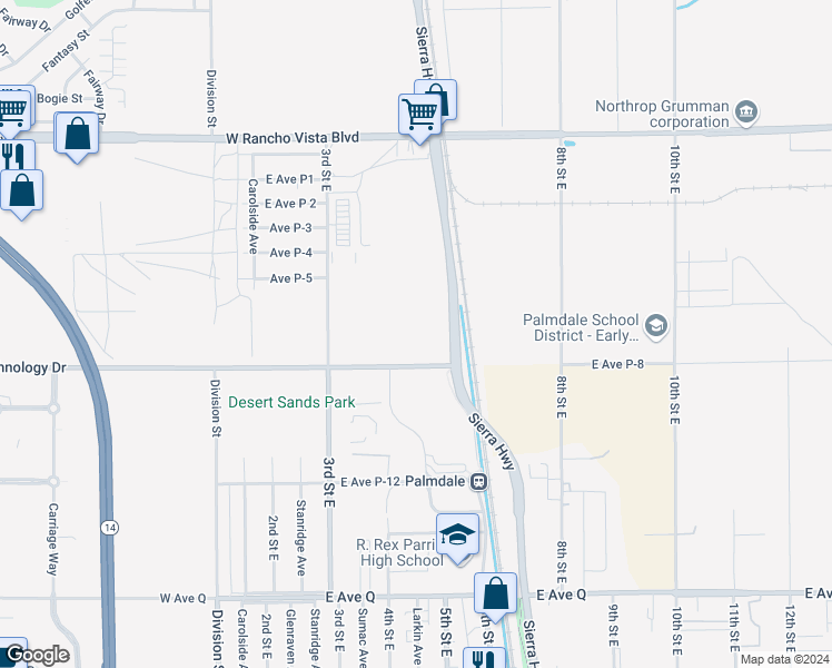 map of restaurants, bars, coffee shops, grocery stores, and more near 39227 Sierra Highway in Palmdale
