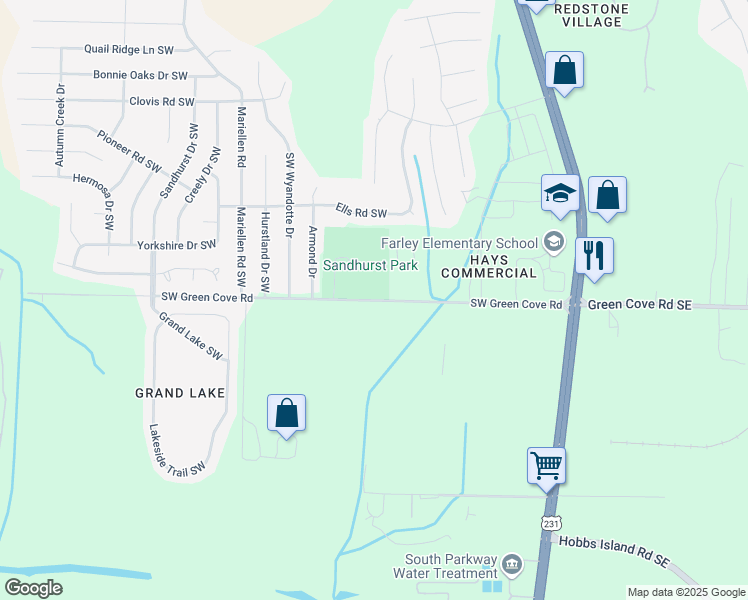 map of restaurants, bars, coffee shops, grocery stores, and more near 2900 Southwest Green Cove Road in Huntsville