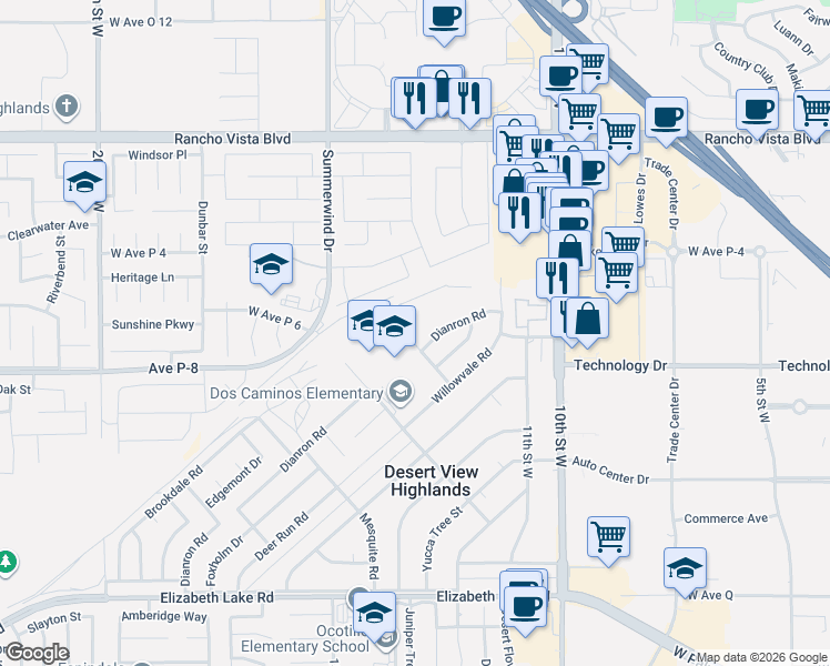 map of restaurants, bars, coffee shops, grocery stores, and more near 39144 Whiteash Drive in Palmdale