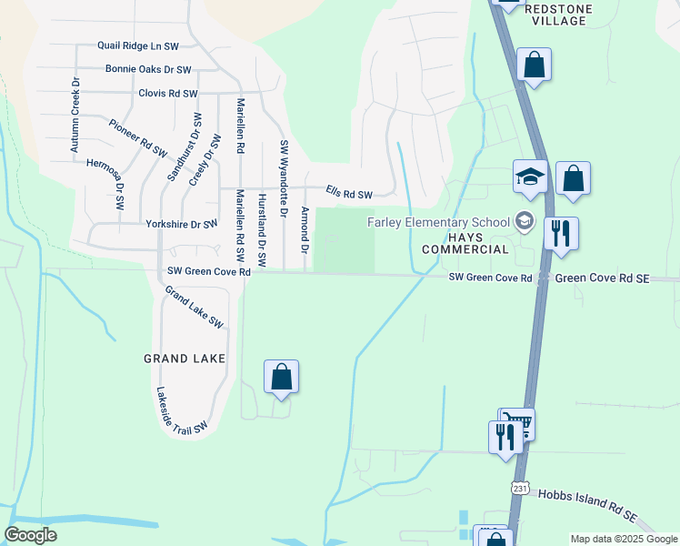 map of restaurants, bars, coffee shops, grocery stores, and more near 2864 Southwest Green Cove Road in Huntsville