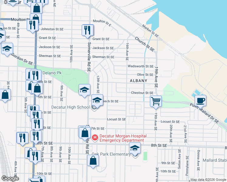 map of restaurants, bars, coffee shops, grocery stores, and more near 1501 Tower Street Southeast in Decatur
