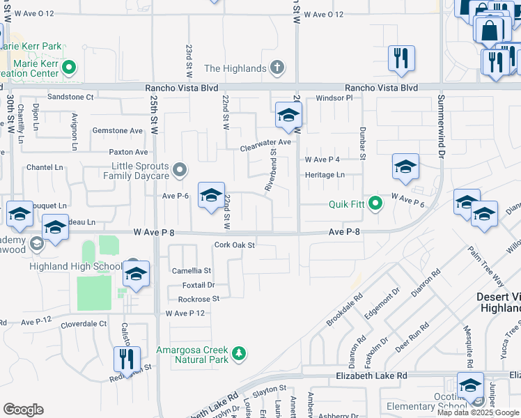 map of restaurants, bars, coffee shops, grocery stores, and more near 39240 Gunsmoke Court in Palmdale