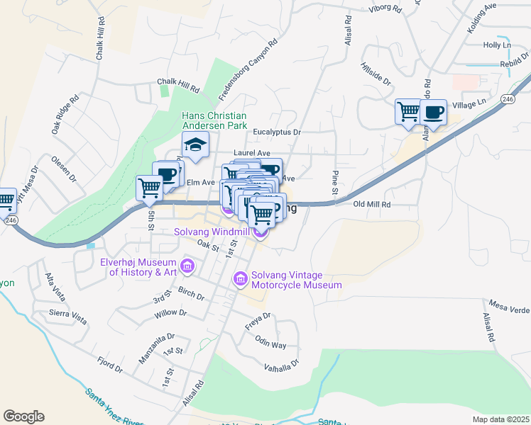 map of restaurants, bars, coffee shops, grocery stores, and more near 485 Alisal Road in Solvang