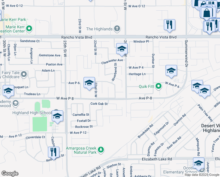 map of restaurants, bars, coffee shops, grocery stores, and more near 39240 Gunsmoke Court in Palmdale