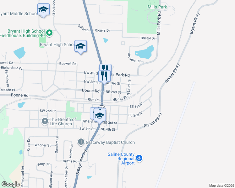 map of restaurants, bars, coffee shops, grocery stores, and more near 211 Northeast 2nd Street in Bryant