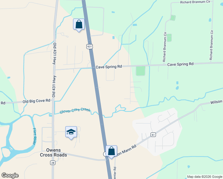 map of restaurants, bars, coffee shops, grocery stores, and more near 8619 Alabama 1 in Owens Cross Roads
