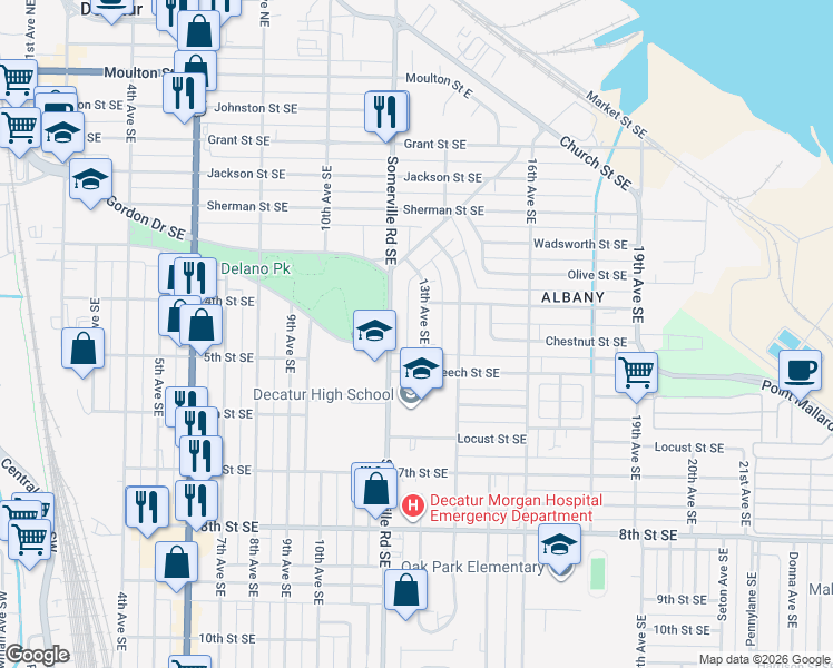 map of restaurants, bars, coffee shops, grocery stores, and more near 805 13th Avenue Southeast in Decatur