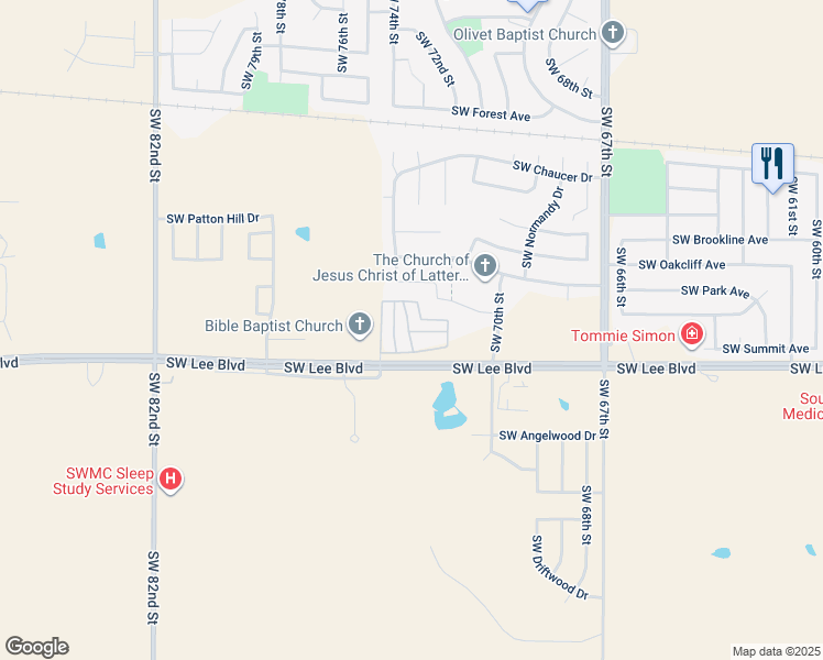 map of restaurants, bars, coffee shops, grocery stores, and more near 7301 Southwest Lee Boulevard in Lawton