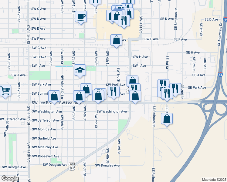 map of restaurants, bars, coffee shops, grocery stores, and more near 306 Southwest Park Avenue in Lawton