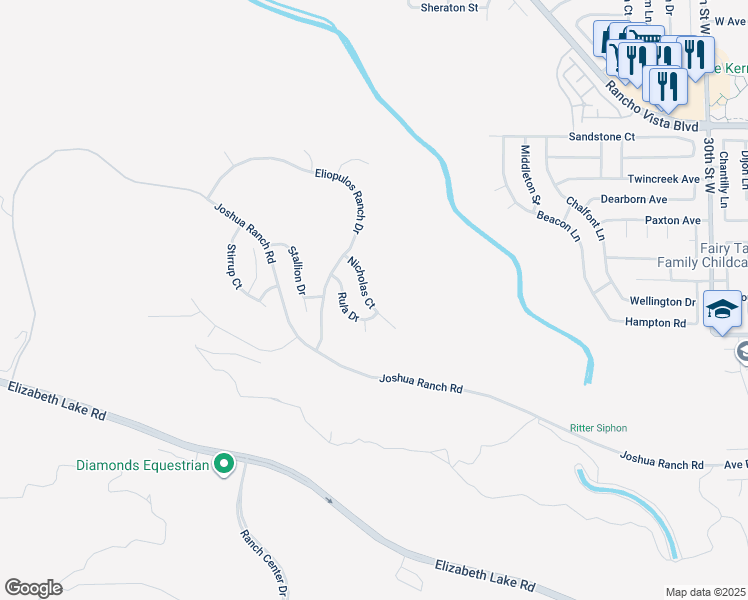 map of restaurants, bars, coffee shops, grocery stores, and more near 39635 Nicholas Court in Palmdale