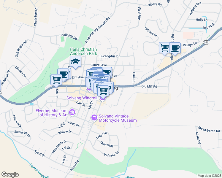 map of restaurants, bars, coffee shops, grocery stores, and more near 1714 Mission Drive in Solvang