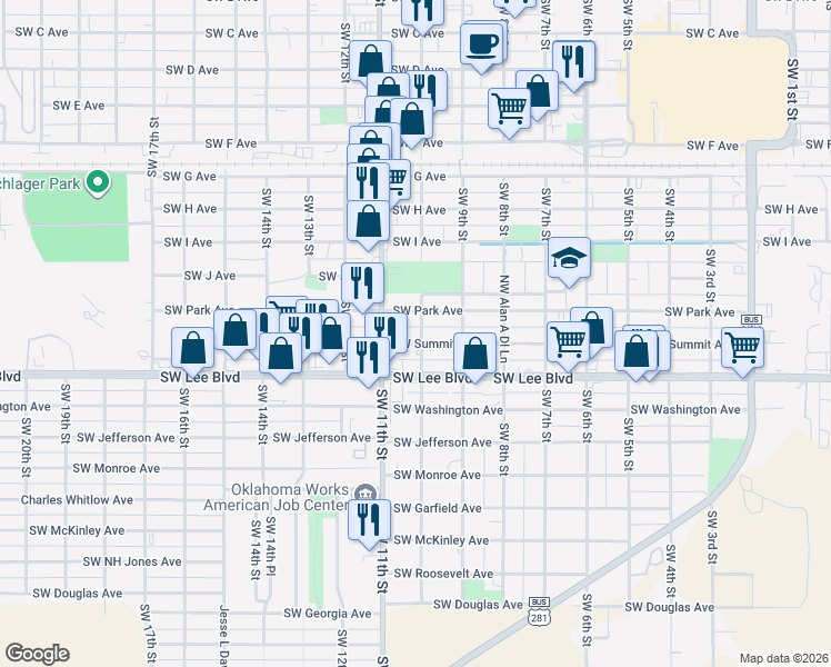map of restaurants, bars, coffee shops, grocery stores, and more near 916 Southwest Park Avenue in Lawton