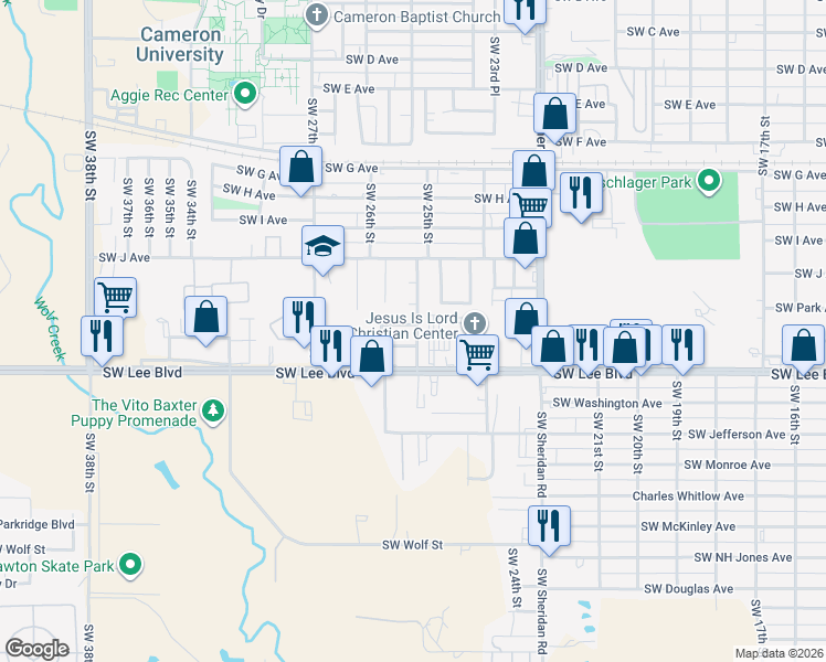 map of restaurants, bars, coffee shops, grocery stores, and more near 2501 Southwest White Avenue in Lawton
