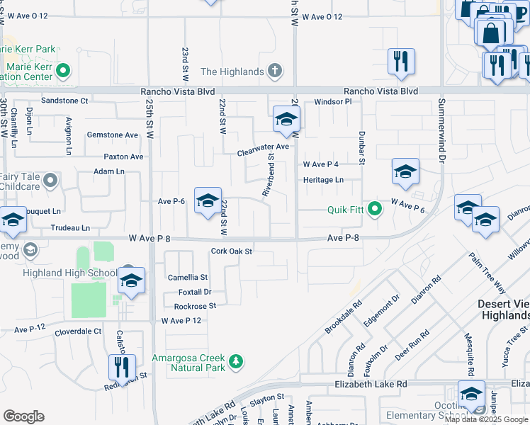 map of restaurants, bars, coffee shops, grocery stores, and more near 39240 Gunsmoke Court in Palmdale
