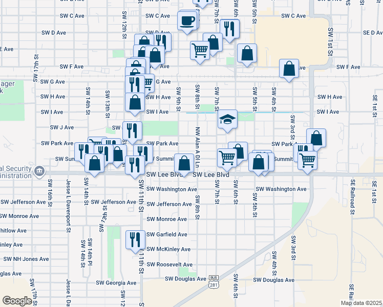 map of restaurants, bars, coffee shops, grocery stores, and more near 716 Southwest Park Avenue in Lawton