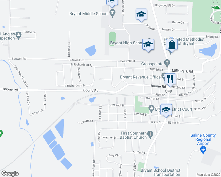 map of restaurants, bars, coffee shops, grocery stores, and more near 17 Tanglewood Drive in Bryant