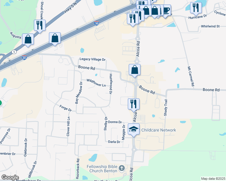 map of restaurants, bars, coffee shops, grocery stores, and more near 3524 Hazelwood Drive in Benton