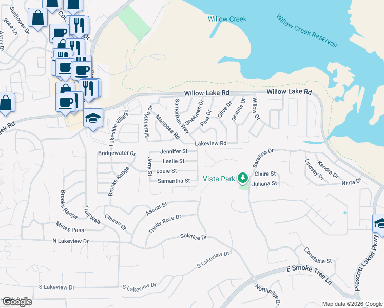 map of restaurants, bars, coffee shops, grocery stores, and more near 1341 Jennifer Street in Prescott