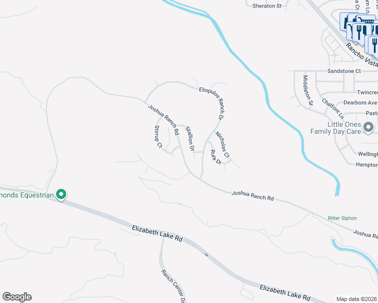 map of restaurants, bars, coffee shops, grocery stores, and more near 39243 Stallion Drive in Palmdale