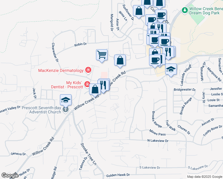 map of restaurants, bars, coffee shops, grocery stores, and more near 3147 Willow Creek Road in Prescott