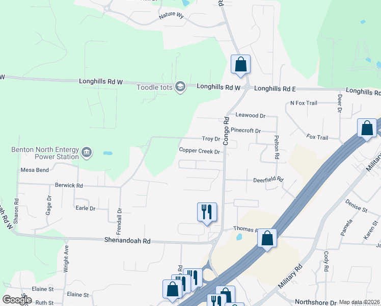 map of restaurants, bars, coffee shops, grocery stores, and more near 1203 Copper Creek Drive in Benton