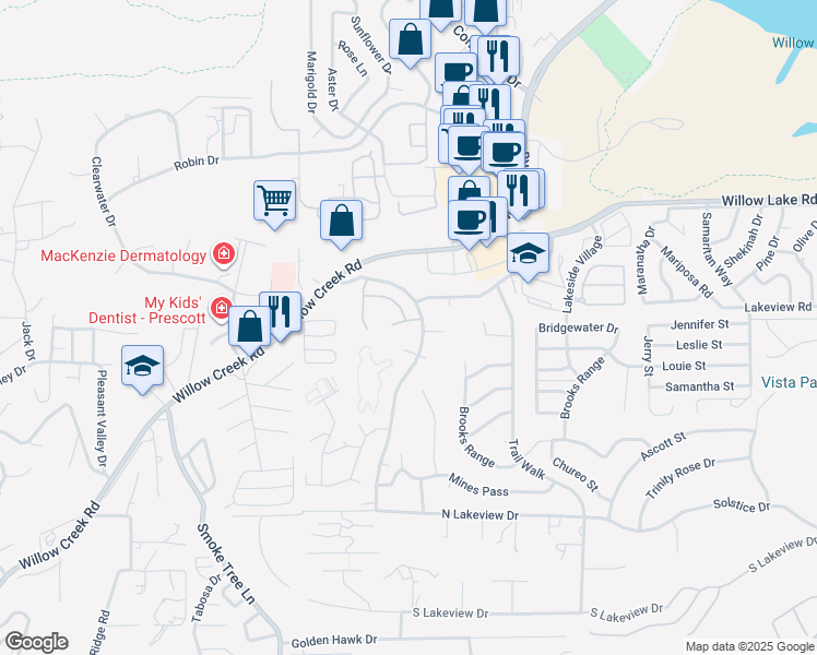 map of restaurants, bars, coffee shops, grocery stores, and more near 3083 Shoshone Place in Prescott