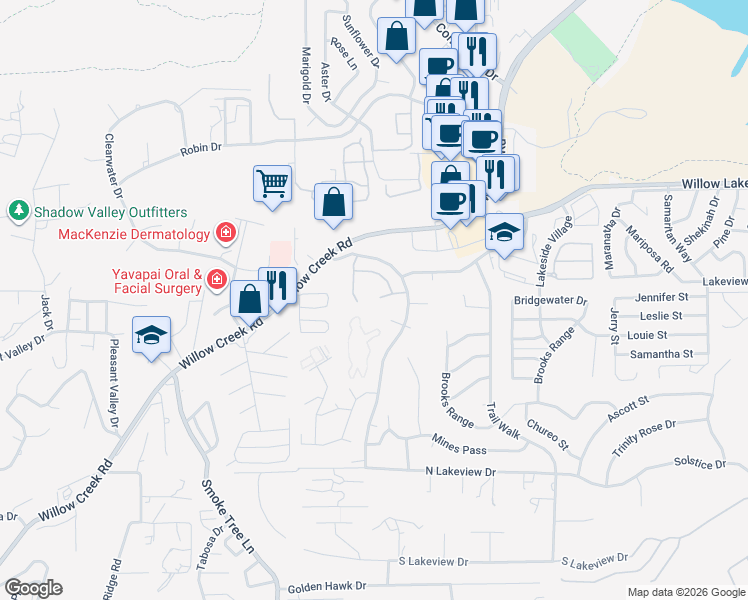 map of restaurants, bars, coffee shops, grocery stores, and more near 3083 Shoshone Place in Prescott