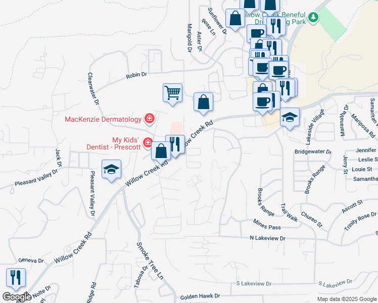 map of restaurants, bars, coffee shops, grocery stores, and more near 3145 Willow Creek Road in Prescott
