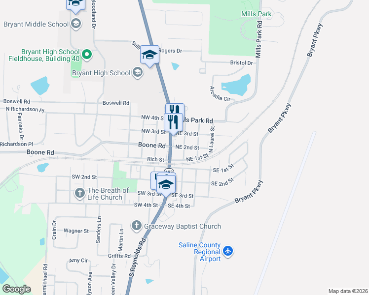 map of restaurants, bars, coffee shops, grocery stores, and more near in Bryant