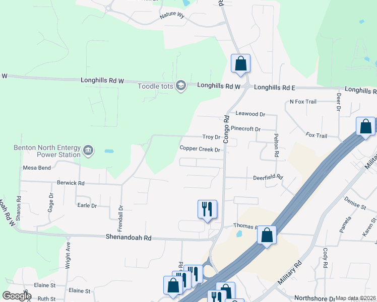 map of restaurants, bars, coffee shops, grocery stores, and more near 1203 Copper Creek Drive in Benton