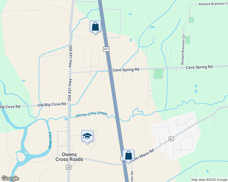 map of restaurants, bars, coffee shops, grocery stores, and more near 8619 Alabama 1 in Owens Cross Roads
