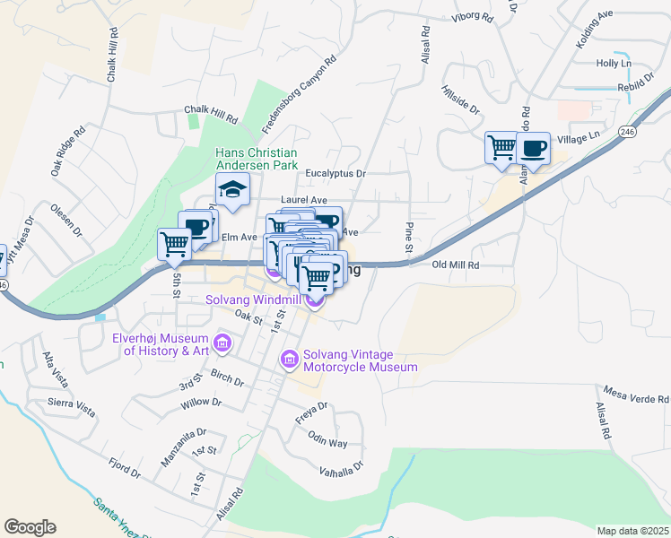 map of restaurants, bars, coffee shops, grocery stores, and more near Old Mission Drive in Solvang