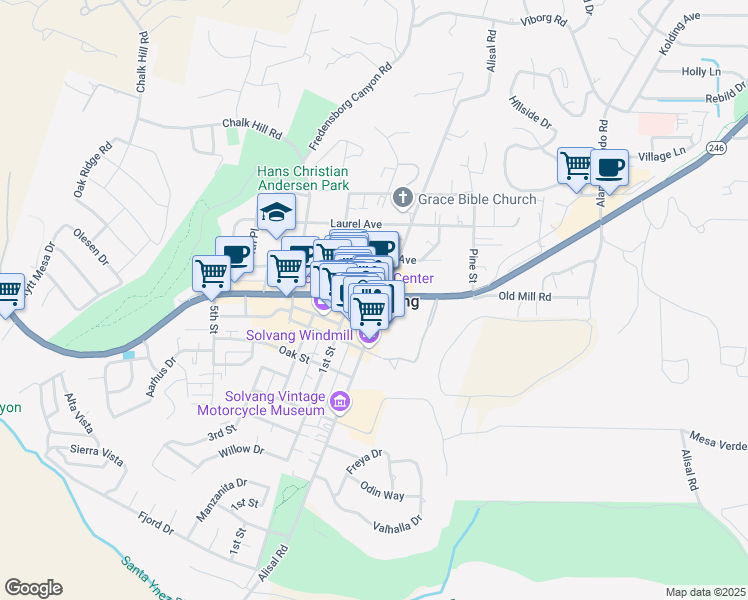 map of restaurants, bars, coffee shops, grocery stores, and more near 485 Alisal Road in Solvang