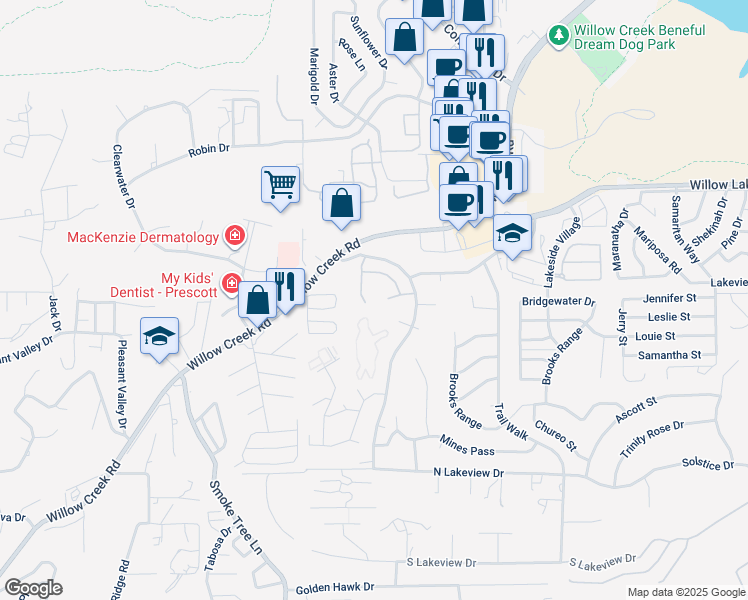 map of restaurants, bars, coffee shops, grocery stores, and more near 3165 Dome Rock Place in Prescott