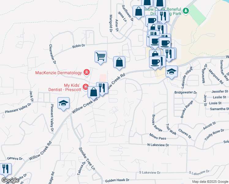 map of restaurants, bars, coffee shops, grocery stores, and more near 3145 Willow Creek Road in Prescott