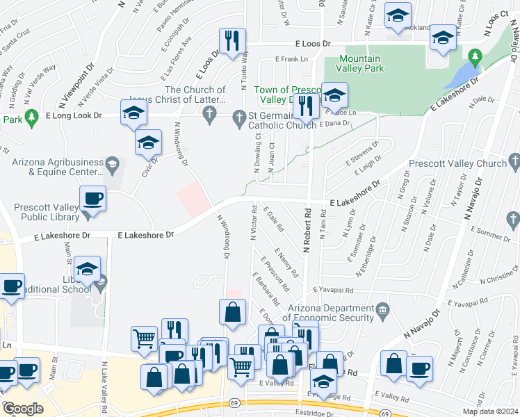 map of restaurants, bars, coffee shops, grocery stores, and more near 8031 East Gale Road in Prescott Valley