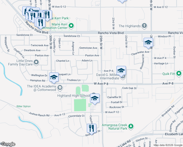 map of restaurants, bars, coffee shops, grocery stores, and more near 2543 Lincoln Drive in Palmdale