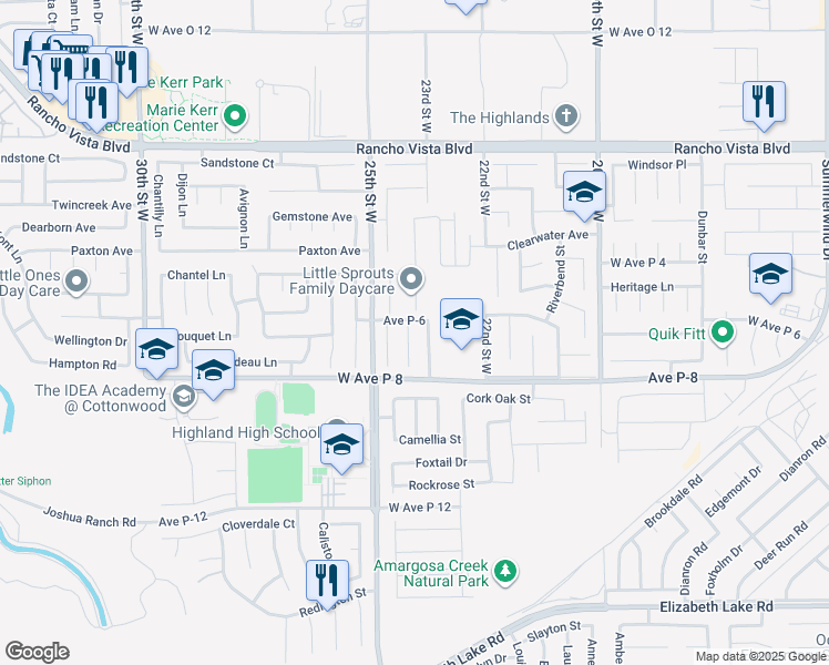 map of restaurants, bars, coffee shops, grocery stores, and more near 39252 Botticelli Drive in Palmdale