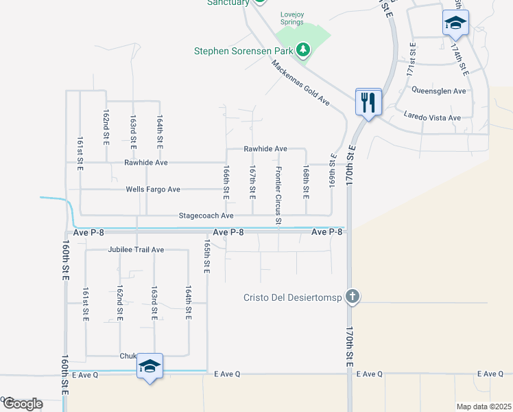 map of restaurants, bars, coffee shops, grocery stores, and more near 39312 167th Street East in Palmdale