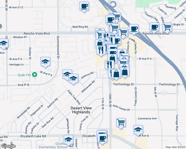 map of restaurants, bars, coffee shops, grocery stores, and more near 1122 Dianron Road in Palmdale